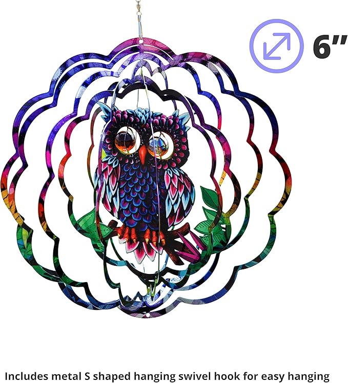VP Home Mystical Owl Kinetic Wind Spinner for Yard and Garden - 12" W x 12" H Metal Spinner Outdoor Large Hanging Plantary Decor - 3D Garden Art Wind Sculpture Spinners Kinetic Art Garden Decoration