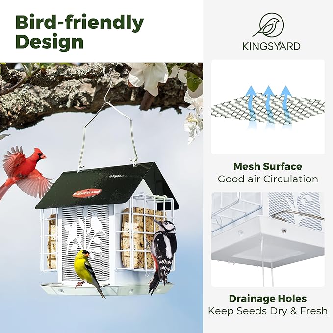 Kingsyard Metal Bird Feeder for Outdoor Hanging, Wild Bird Feeder with Double Suet Cage, Weatherproof Roof and 3 lbs Large Seed Capacity, White
