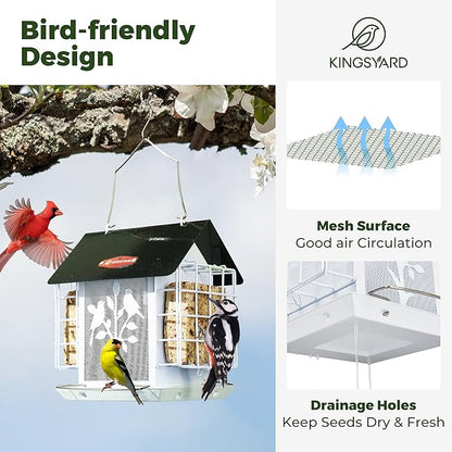 Kingsyard Metal Bird Feeder for Outdoor Hanging, Wild Bird Feeder with Double Suet Cage, Weatherproof Roof and 3 lbs Large Seed Capacity, White
