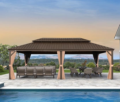 PURPLE LEAF 14' X 24' Outdoor Hardtop Gazebo Patio Wide Aluminum Frame Galvanized Steel Double Roof with Heavy Duty Netting and Curtains for Permanent Hard Top Pavilion Screen,Khaki