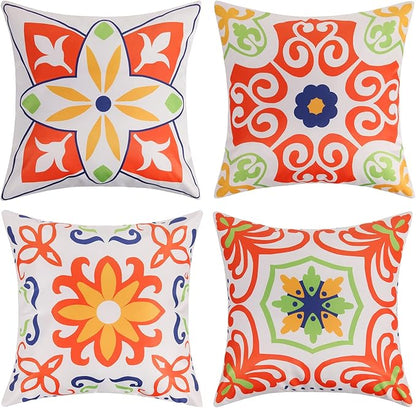 Pyonic Outdoor Waterproof Throw Pillow Covers for Patio Furniture Decorative Boho Pillow Covers 20x20 Floral Printed for Patio Tent Couch Garden Set of 4,Orange