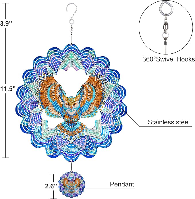 Hanging Wind Spinners Outdoor - Owl Gifts for Mom Dad Grandma, 11.5 Inch 3D Metal Birds Wind Catcher Art Garden Kinetic Wind Sculptures & Spinners for Garden Yard Porch Decor
