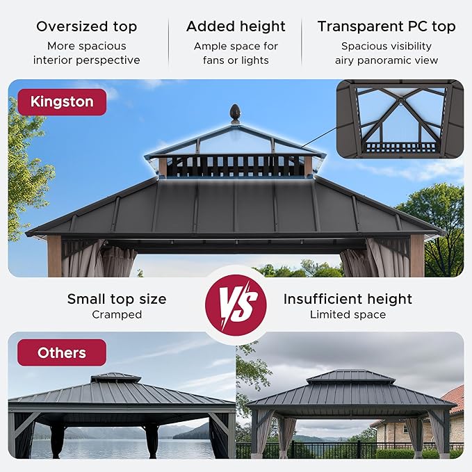 SUNJOY Kingston 10' x 10' Hardtop Gazebo with Galvanized Steel/Polycarbonate Double Roof, Curtain and Netting, Woodgrain Finish Aluminum Posts Permanent Pavilion Gazebo for Garden, Patio, Deck, Lawn