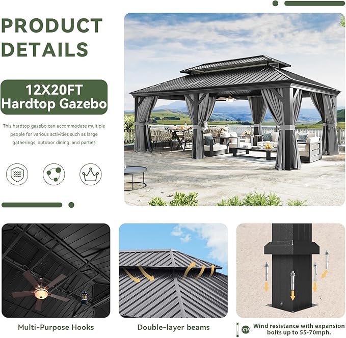 Aoxun 12' X 20' Hardtop Gazebo with Drainage System, Aluminum Outdoor Gazebo with Galvanized Steel Double Roof, Patio Permanent Metal Pavilion with Netting, for Garden, Deck, Grey, Square Foundation
