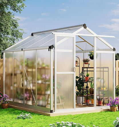 6x8 ft Greenhouse with Roof Vent, Aluminum Walk-in Greenhouses for Outdoors, Heavy Duty Garden House for Backyard, Patio, Easy Assembly