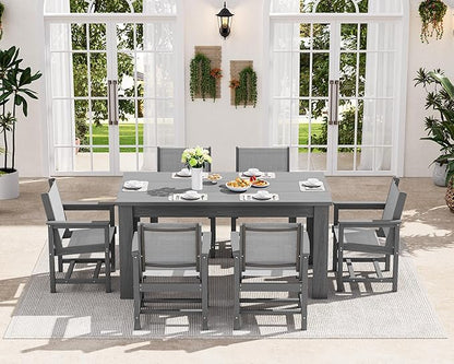 SERWALL 5 Piece Outdoor Dining Table Sets for 4 with 1 Umbrella Hole Cut-Out Rectangular Table and 4 Textilene Chairs, HDPE Dining Table Sets for Garden, Backyard, Poolside, Gray