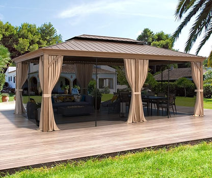 MELLCOM 14'x20' Gazebo, Galvanized Steel Double Roof with Wood Grain Aluminum Frame, Outdoor Permanent Metal Pavilion with Curtains and Nettings for Patio, Backyard and Deck