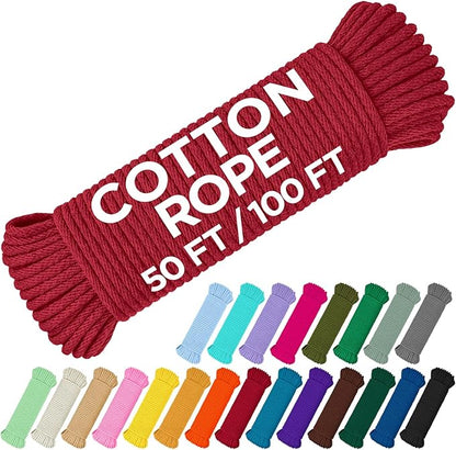 TECEUM Cotton Rope 3/16” (5 mm) – 100 FT – Strong All-Purpose Braided Rope – Natural Cotton – for Crafting, Сamping, Clothes Line, DIY, Indoor & Outdoor Use – Red
