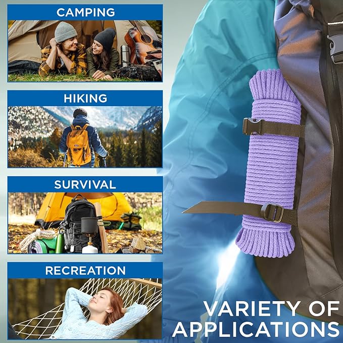 TECEUM Cotton Rope 3/16” (5 mm) – 50 FT – Strong All-Purpose Braided Rope – Natural Cotton – for Crafting, Сamping, Clothes Line, DIY, Indoor & Outdoor Use – Lavander