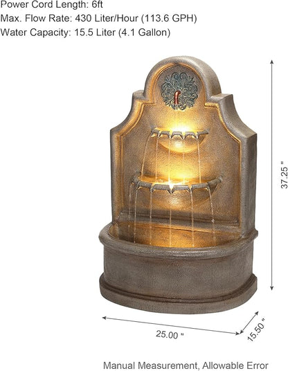 Glitzhome Outdoor Wall Mounted Water Fountain with LED Lights and Pump, Oversized Antique European Style 3-Tier Polyresin Cascading Floor-Standing Fountain for Porch Deck Patio Backyard, 37.25" H