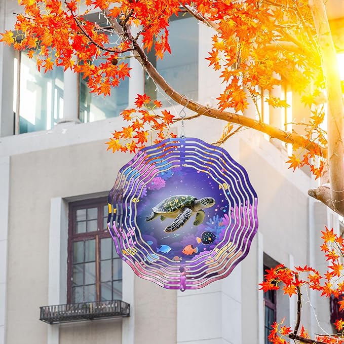 10 Inch Sea Turtle Wind Spinner, 3D Stainless Steel Hanging Kinetic Wind Sculpture Gifts for Garden Decor Yard Art Indoor Outdoor Window Porch Front Door Decoration