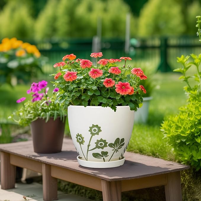 Ceramic Plant Pot 10 Inch - Ceramic Planter for Indoor Outdoor Plants, Decorative Boho Round Planter with Drainage Hole and Saucer, Housewarming Gifts, Office Garden Home Decor, White