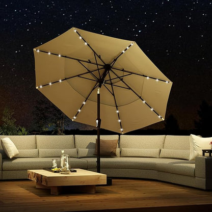 Kingdura 10ft 3-Tier Patio Umbrella with Solar Lights, Table Umbrella Outdoor Patio with Easy Crank & Tilt, 8 Sturdy Ribs, UV Protection, 32 LED Lights for Deck, Poolside, Market (Beige)