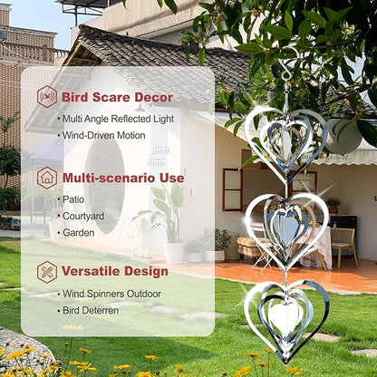 DELAVIDA Stainless Steel Bird Scare Devices, 3D Wind Spinners Outdoor, 9 Discs Set, Reflective Decor to Keep Swallow Pigeon Sparrow Away from House Patio Garden (Heart)