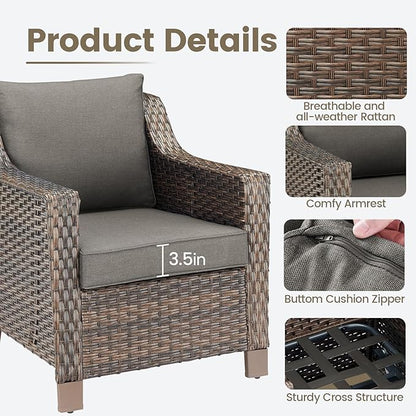 Outdoor Wicker Patio Chairs Set of 4 - Heavy Duty Outside Rattan Lawn Chair for Front Porch Balcony Backyard Yard Deck Poolside Apartment – Brown/Grey