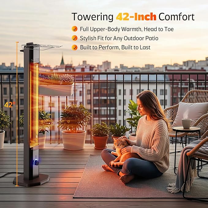 Outdoor Electric Patio Heater, 42-inch 1500W Infrared Tower Heater with 9 Heat Settings & 9H Timer, IPX5 Waterproof, Safety Lock, Tip-Over & Overheat Protection Space Heater for Indoor & Outdoor Use