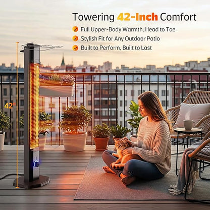 Outdoor Electric Patio Heater, 42-inch 1500W Infrared Tower Heater with 9 Heat Settings & 9H Timer, IPX5 Waterproof, Safety Lock, Tip-Over & Overheat Protection Space Heater for Indoor & Outdoor Use