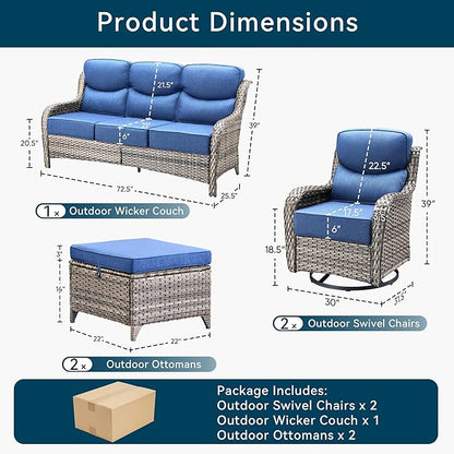 Luxury High Back Outdoor Furniture with 6-Inch Thick Cushions, Patio Furniture Set with Swivel Chairs, 5 PCS Wicker Conversation Set for Porch, Balcony, Deck and Yard