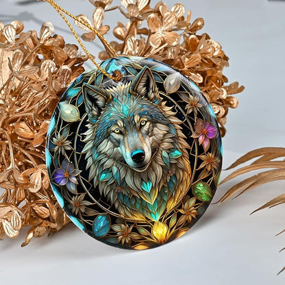 Colorful Ceramic Wolf Christmas Ornament, Wolf Ornaments for Christmas Tree, Holiday Decorations, Christmas Decor, Wolf Lovers, Wolf Gifts, Christmas Ornament Gift Ideas