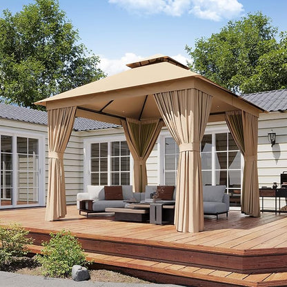 Outdoor Gazebo Metal Frame Patio Pergola Double Roofs Patio Canopy with Double-Layer Door and Mosquito Netting for Deck, Backyard, Lawn (Beige, 10x10FT)