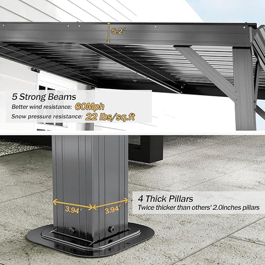 Domi 8'x8' Lean to Gazebo Hardtop, Expandable Wall Mounted Pergola with Gutters & Galvanized Steel Roof, 60MPH Wind Resistance, Outdoor Metal Heavy Duty Metal Awning for Patio, Deck, Backyard - Grey