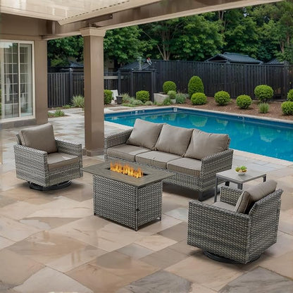 5 Piece Wicker Patio Furniture with Fire Pit Table - Outdoor Conversation Set with 50,000 BTU Fire Pit, All Weather Rattan Patio Set for Deck Backyard Garden - Grey Wicker Grey Cushion