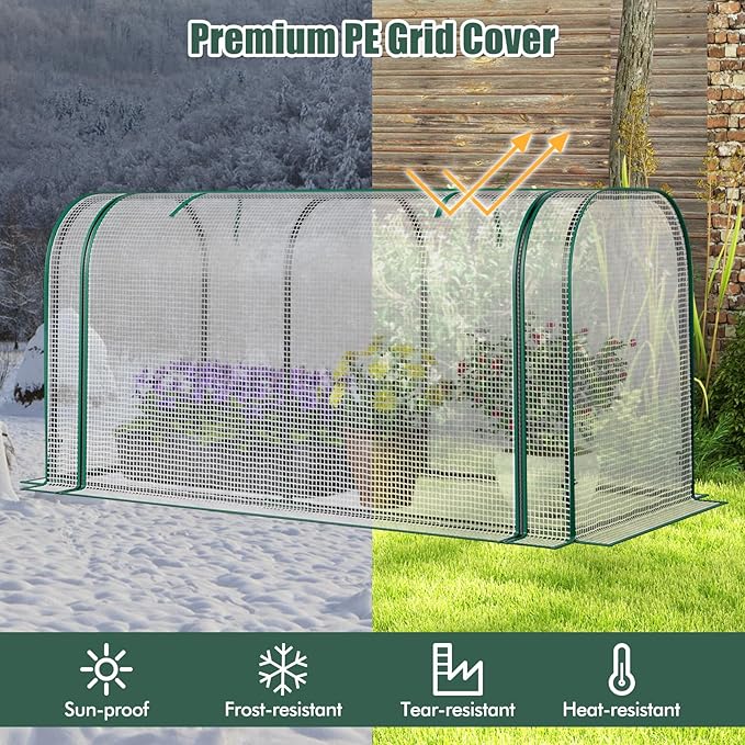Happygrill Portable Mini Greenhouse, 47" x 22" x 24" Green House w/ Roll-up Zipper Door, Metal Frame, Waterproof Sun-Protective PE Cover, Small Greenhouses for Raised Garden Bed, Outdoor (White)