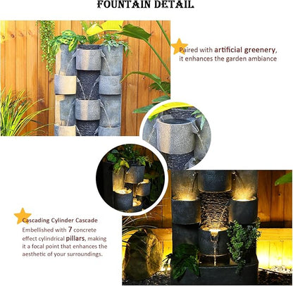 Outdoor Water Fountain Garden - Waterfall Large Water Feature Fountains with LED Lights & Pump, Concrete Artistry for Patio Yard Pool Home Decor, (45 inches Tall, Gray)