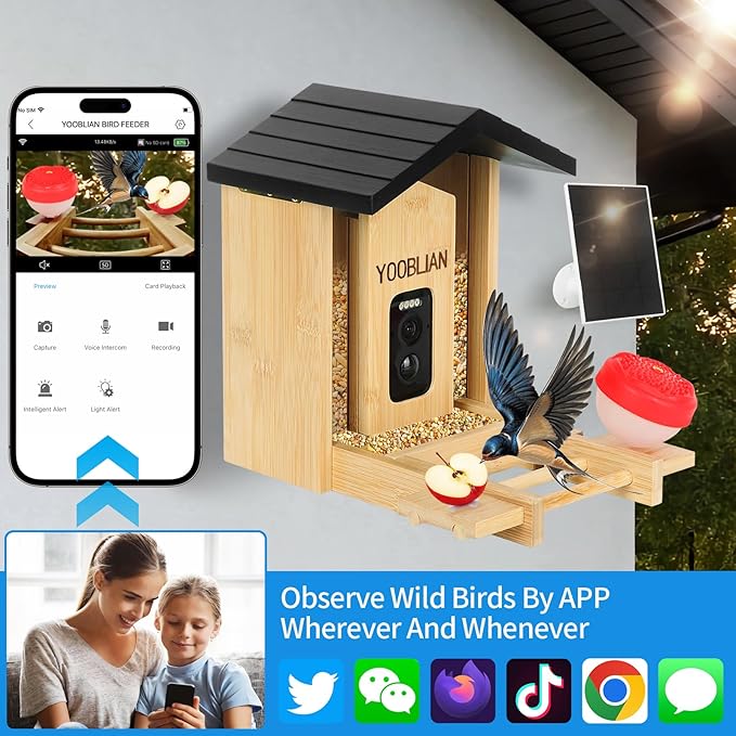 Smart Bird Feeder with Camera Solar Powered, 2.5K HD AI Identify 10000+ Species, Color Night Vision, 1.5L Bamboo Wood Feeder House Outside, Auto Capture & Notify, Ideal Gift for Bird Lovers