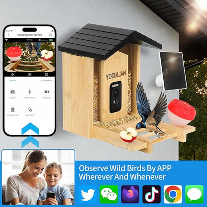 Smart Bird Feeder with Camera Solar Powered, 2.5K HD AI Identify 10000+ Species, Color Night Vision, 1.5L Bamboo Wood Feeder House Outside, Auto Capture & Notify, Ideal Gift for Bird Lovers