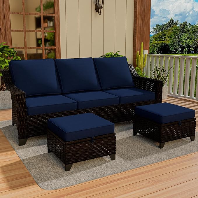 Vista Vibe 3 Pieces Outdoor Patio Conversation Furniture Set - 78" 3-seat Sofa | 2 Wicker Ottomans, Deep Seat Loveseat with Removable Cushions, Hand-Woven PE Rattan Couch, Lawn (Brown/Navy)