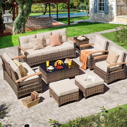 MEISSALIVVE 8 Pieces Patio Furniture Sets, PE Wicker Outdoor Conversation Sets with 2 Wood Armrests Swivel Rocker Chairs, 2 Ottomans, 2 Sofas and Coffee Table(Brown)