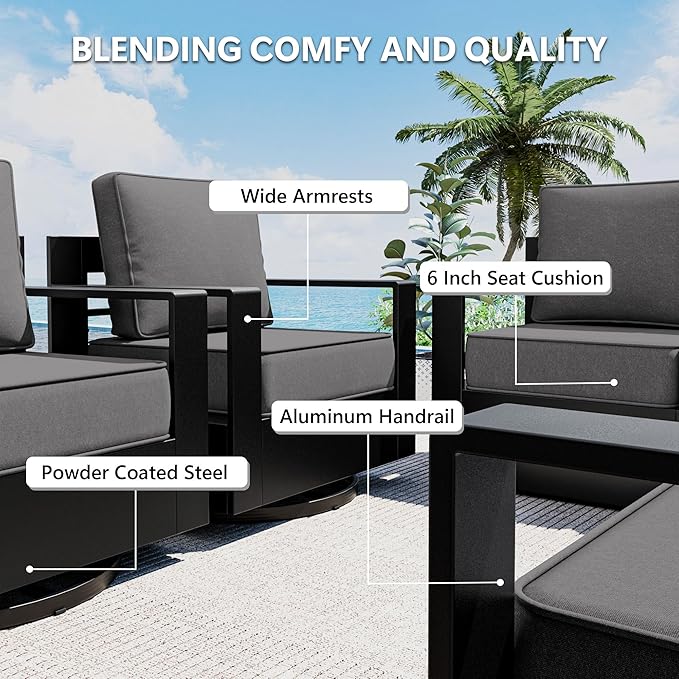 Outdoor Patio Furniture Set, 4-Piece Aluminum Patio Conversation Set All-Weather Metal Outdoor Sectional with 6 Inch Thick Cushions, Deep Setting for Garden, Outside and Porch