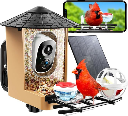 Smart Bird Feeder with Camera with AI Identify Birds Species & Solar Panel, WiFi Birdfeeder with Cam, 2K Live View, Chew-Proof & Waterproof Design, Real-Time App Alerts, Gift for Bird Lovers, Black