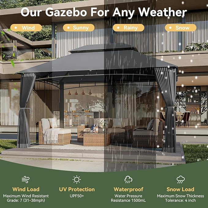 AOXUN Outdoor Gazebo for Patio 10x13, Metal Frame Canopy with Double Roofs, Heavy Duty Party Tent and Shelter with Mosquito Nettings for Backyard, Lawn, Garden, Deck (Gray/no Privacy Screen)