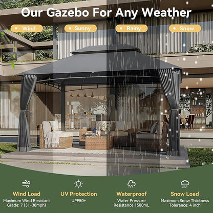 AOXUN Outdoor Gazebo for Patio 10x13, Metal Frame Canopy with Double Roofs, Heavy Duty Party Tent and Shelter with Mosquito Nettings for Backyard, Lawn, Garden, Deck (Gray/no Privacy Screen)