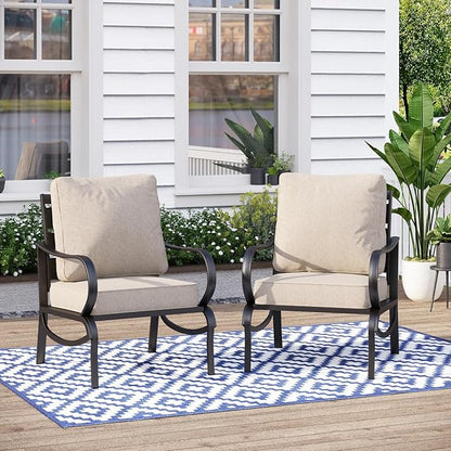 MFSTUDIO Metal Patio Conversation Sets, Outdoor Furniture Sofas Set of 2, 2 Pieces Durable Steel Frame Patio Chairs with 5.8" Beige Cushions for Patio Garden Backyard Balcony