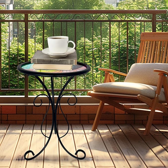 HONGLAND Outdoor Mosaic Side Table, 12" Small Outdoor Table, Round Patio Side Table End Table, Glass Plant Stand, Small Bistro Coffee Table for Garden Patio Porch Living Room （Hummingbird）