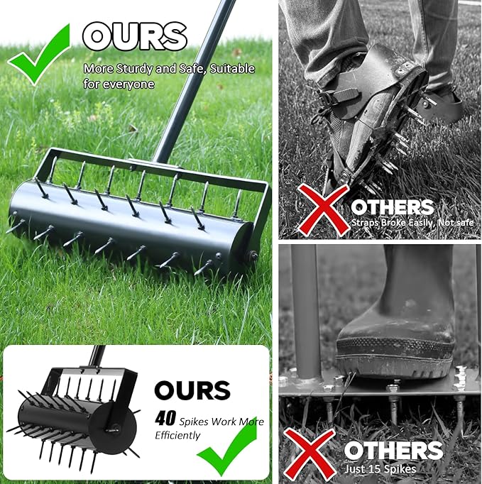 Rolling Lawn Aerator, 42 Spikes Pre-Assembled, Heavy Duty Grass Aerator Tool with Adjustable Handle, Push Grass Aerator for Lawn Care and Healthy Growth