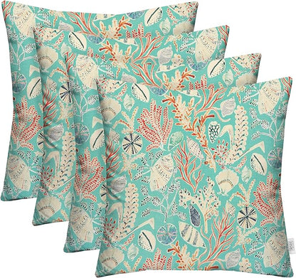 RSH DECOR: Square Throw Pillows Set of 4 | 17” x 17” | All-Weather Spun Fabric | Water and Fade-Resistant | Outdoor Accent Pillows for Patio Furniture | Blue Ocean Life