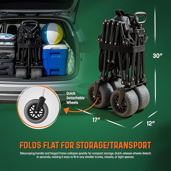 Folding Beach Wagon with Big All-Terrain Wheels for Off-Road Use (Sand/Gravel/Camping Trails) Extra Large Utility Cart with 9" Heavy-Duty Rubber Tires [Outland-XL by Stratton Forge] Black
