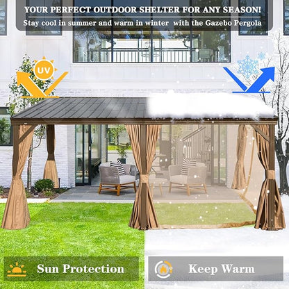 Domi 12x16FT Wall-Mounted Hardtop Gazebo, Aluminum Lean to Gazebo with Galvanized Steel Sloping Roof, Curtains & Netting for Outdoor Patio, Deck, Backyard, Garden Parties
