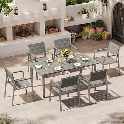 67" Rectangle HDPS Patio Dining Table, Aluminum Outdoor Patio Dining Table with Umbrella Hole, Weather-Resistant for Lawn, Garden, Yard, Poolside and Indoor Use, Silver & Gray