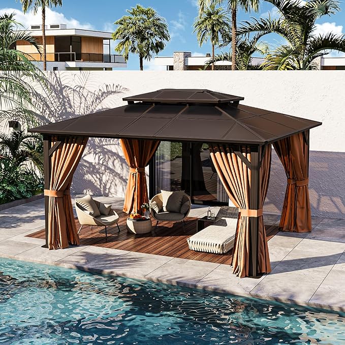 JolyDale14'x12' Hardtop Gazebo, Outdoor Polycarbonate Double Roof Pavilion with Aluminum Frame, Netting, and Curtains, Ideal for Patios, Gardens, and Backyards