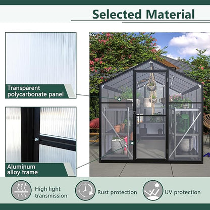 Favfurish 6x10 FT Greenhouses for Outdoors,Heavy Duty Polycarbonate Greenhouse,Lockable Walk-in Green House Sunroom w/ Roof Vent,Aluminum Hot House for Garden Plants Backyard Patio,Black