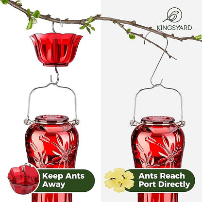 Kingsyard Glass Hummingbird Feeders for Outdoors Hanging, Hummingbird Nectar Feeder with Ant Moat & 6 Bee Guard Feeding Ports, 25 Ounces Leak Proof (Red)