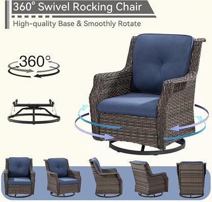 5-Piece Patio Furniture Set Includes 4 Swivel Rocker Chair and 1 Fire Pit, Wicker Conversation Set with Cushion Blue