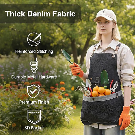Gardening Apron – Denim Cross Back Garden & Harvest Apron with Adjustable Straps and Large Pockets for Women & Men