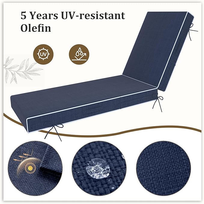 Chaise Lounge Cushions Outdoor Furniture 72 x 21 Inch Olefin Patio Lounge Chair Cushions 4'' Thick Waterproof Outdoor Chaise Cushion Weather Resistant Pool Lounger Cushion (Navy)