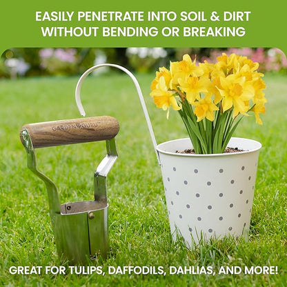 Garden Guru Eco Bulb Planter - 100% Recycled Stainless Steel - Rust Resistant - FSC Certified Wood Ergonomic Handle - Depth Marker for Consistent Planting Flowers Tulips, Daffodils, Dahlias(4Pack)